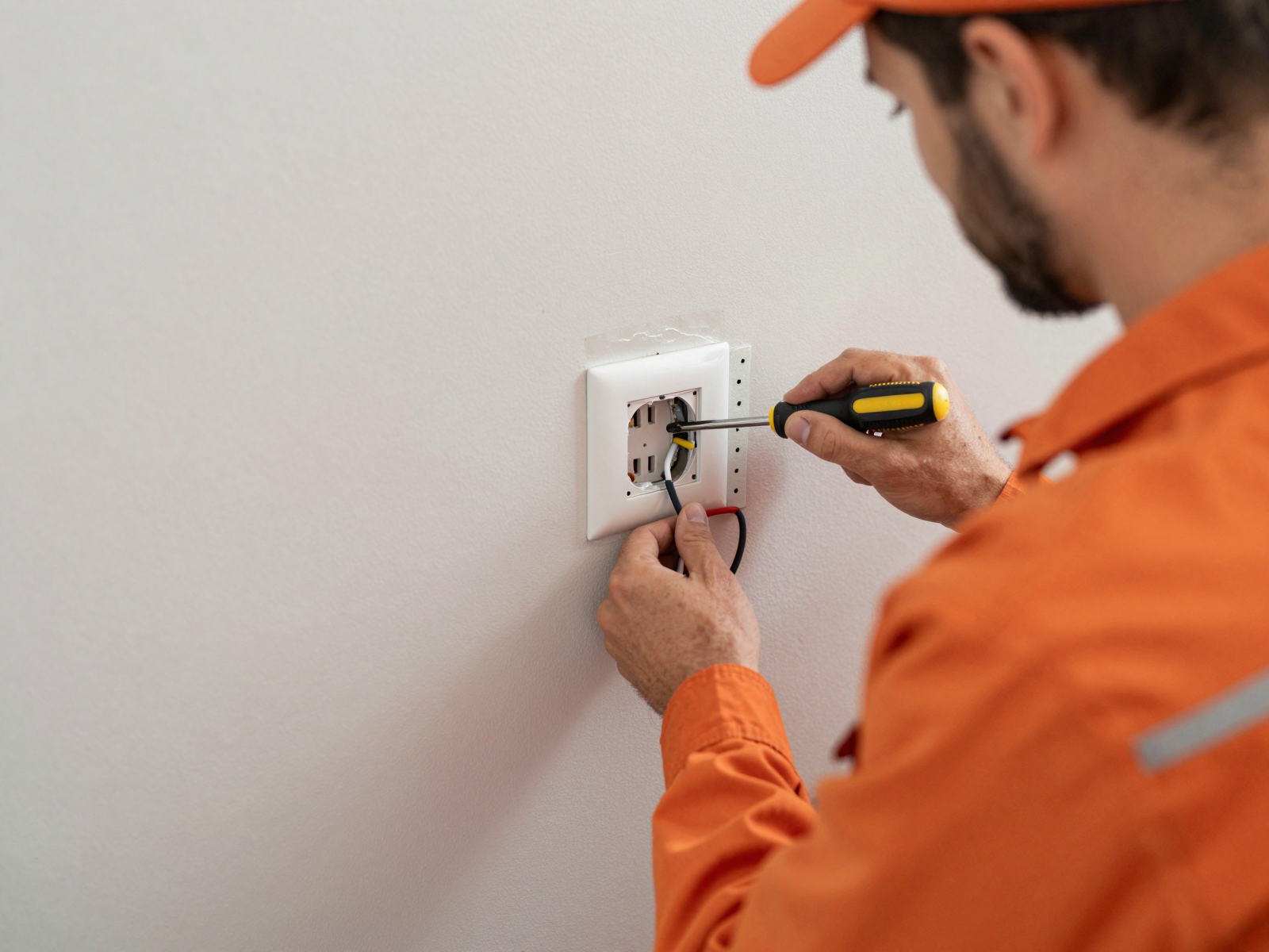 Electrician installing outlet